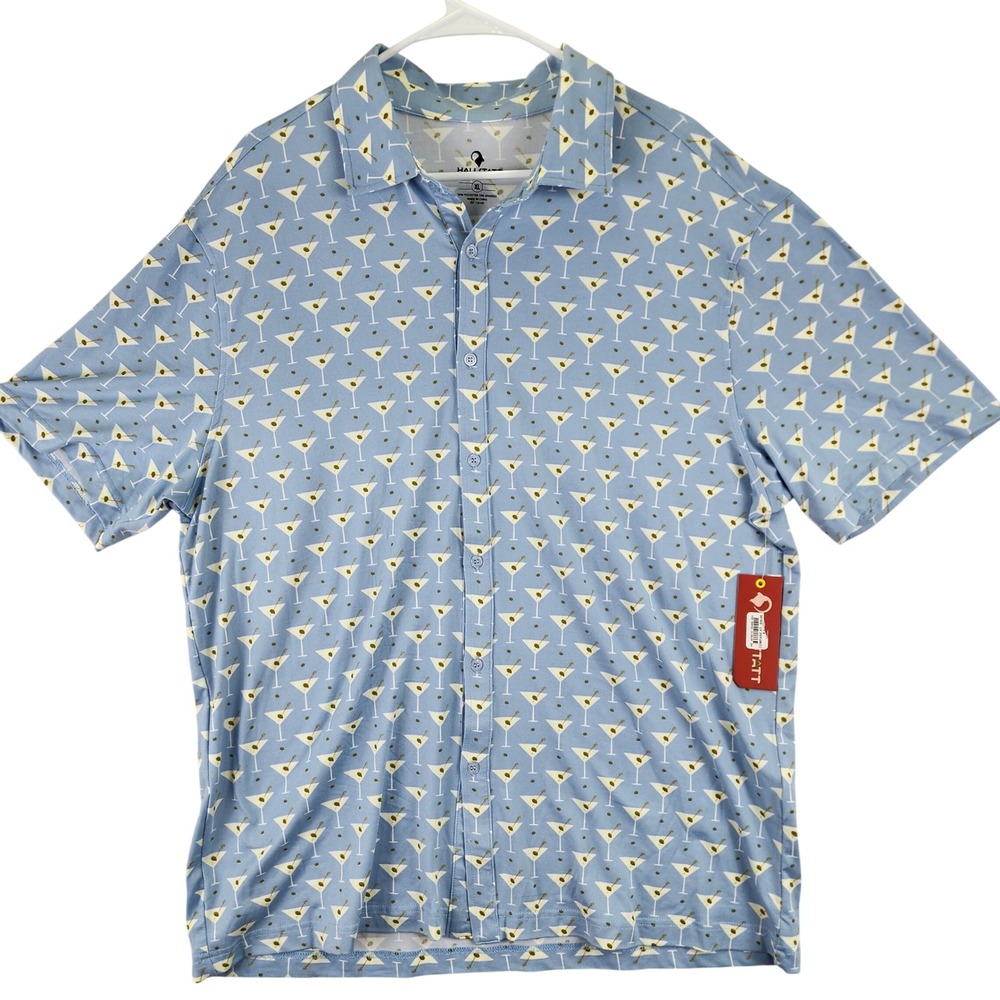 Hallstatt Mens XL Martini‎ Print Short Sleeve Button Up Shirt Blue Golfcore